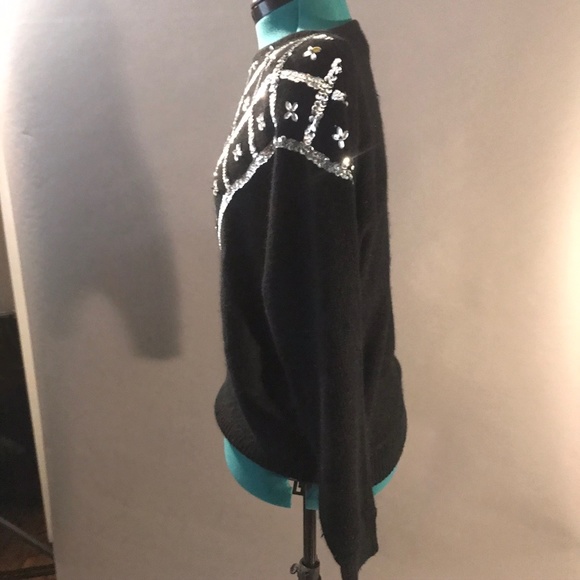 Vintage 80s Black Silver Sequin Sweater Medium - Picture 5 of 8